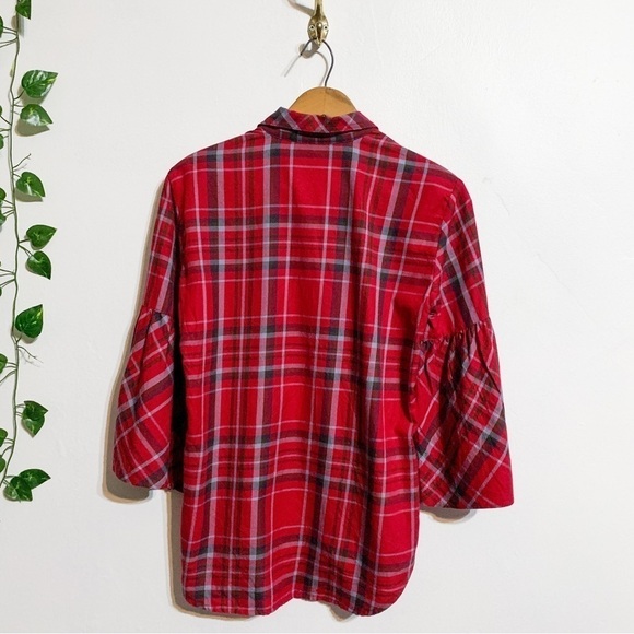 Lauren Ralph Lauren Red Plaid Flared Bell 3/4 Sleeve Button Down Blouse Sz XS - Picture 2 of 5